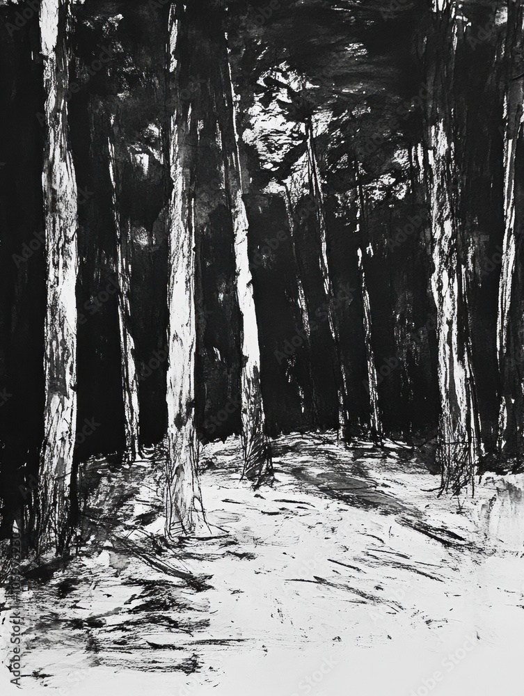 Aufkleber a dense forest captured in black ink, highlighting intricate tree details and captivating shadows be