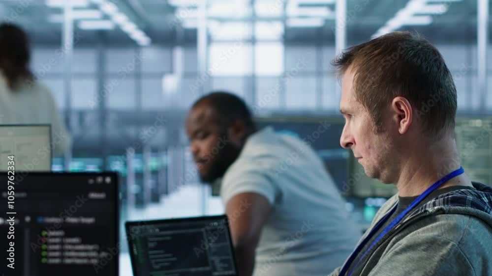 Poster programmer requesting help from manager while working on computer in data center, monitoring hardwar
