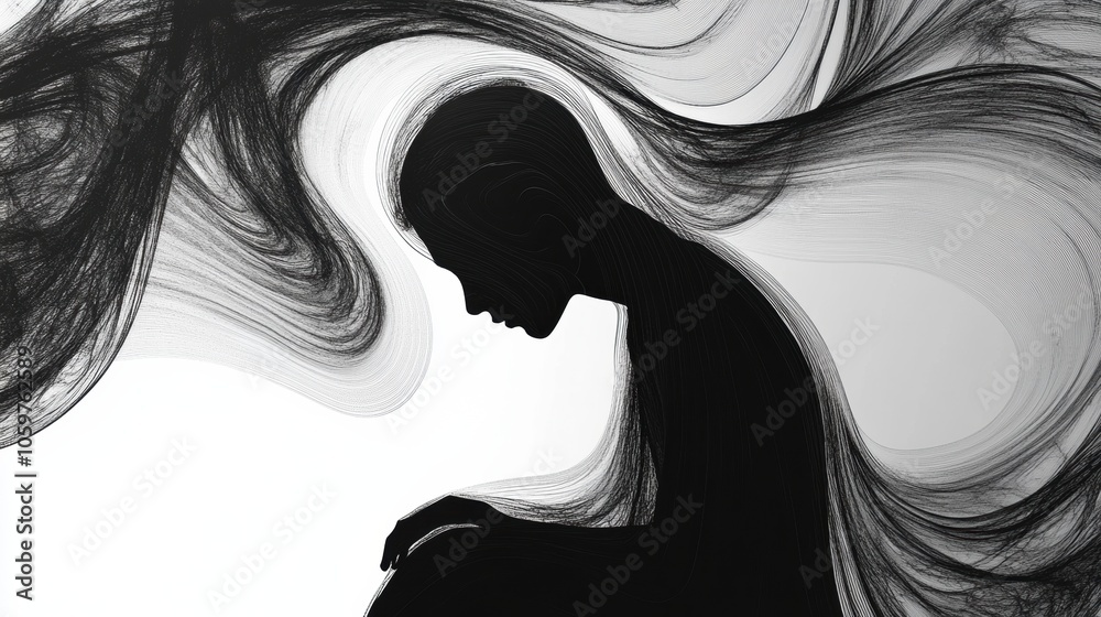 Poster A person sits in a reflective pose, enveloped by flowing abstract lines that convey a sense of emotion and introspection. Generative AI