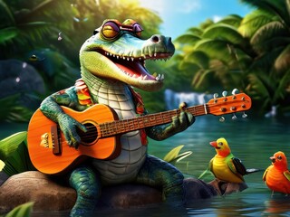 A cheerful crocodile playing guitar by a river, surrounded by tropical plants and birds.