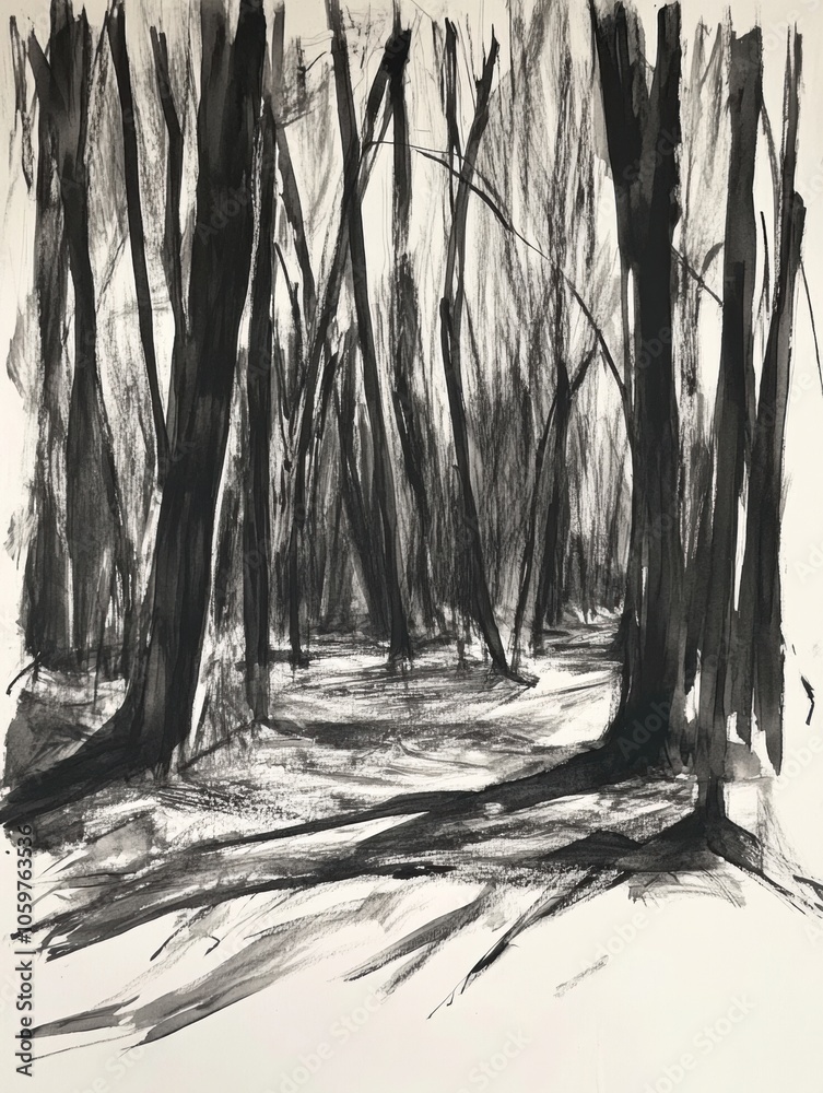 Poster A detailed black ink sketch portrays a dense forest, highlighting intricate trees and their shadows in a serene atmosphere. Generative AI