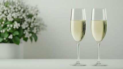 Fototapeta premium Two elegant champagne flutes filled with bubbly drink sit on a table beside a lovely bouquet of flowers, creating a festive atmosphere.