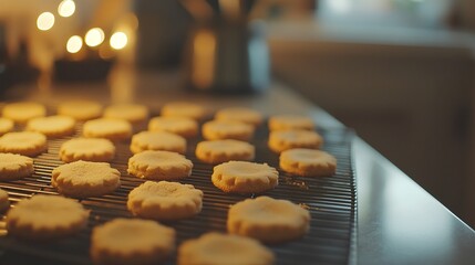 Close Up Shot of Freshly Baked Christmas Cookies with Festive Icing in a Warm, Cozy Kitchen Setting