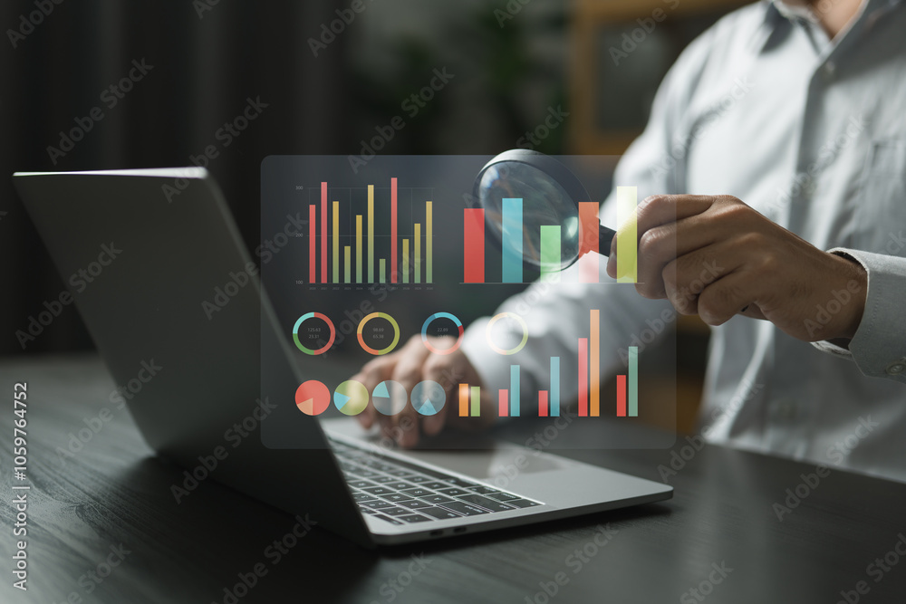 Aufkleber Data Analysis in Action: A magnifying glass and digital charts symbolize close scrutiny of business data, highlighting the importance of detailed analysis for informed decision-making.