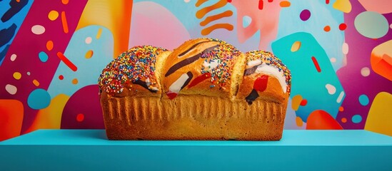 A loaf of sweet bread with colorful sprinkles on a blue surface, with a colorful abstract background.