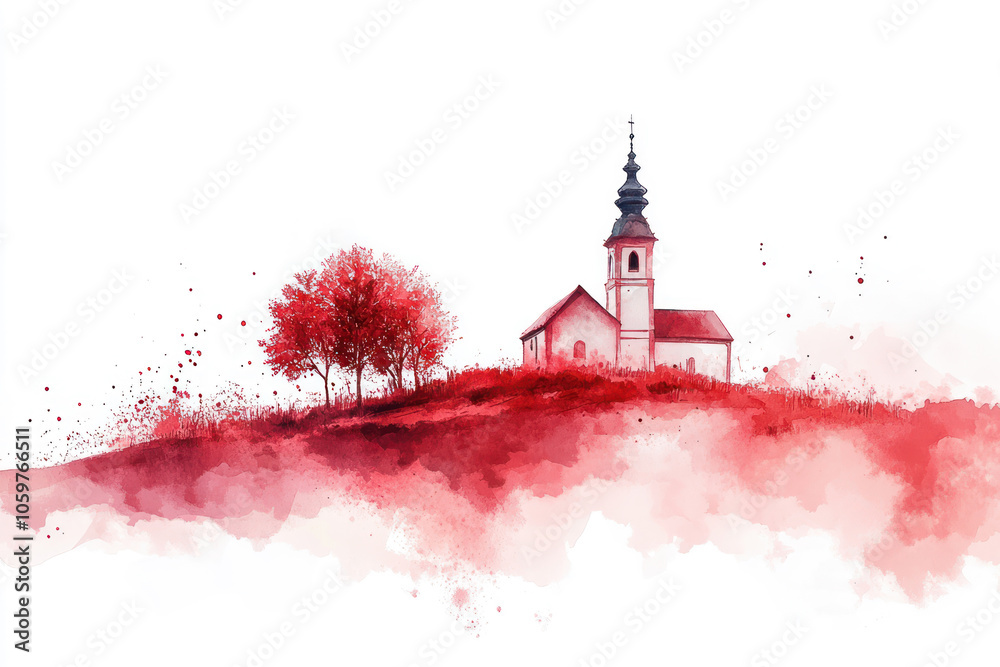 Wall mural red watercolor painting of church on hill in countryside