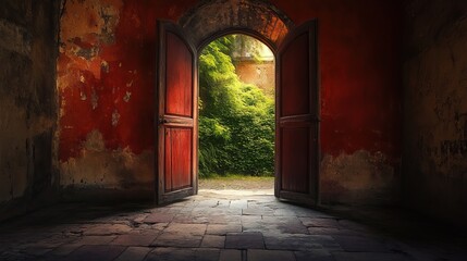 Fototapeta premium An open door symbolizing entrance to a new world, opportunity, exploration, discovery, journey, transition, gateway.