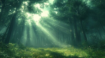Fototapeta premium Sunbeams Illuminating a Mystical Forest Clearing