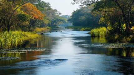 A tranquil river winds through a lush green forest, with a few birds visible in the water.