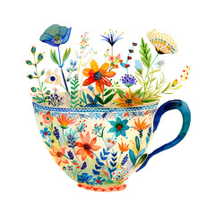 Flower watercolor in tea cup spring concept, isolated on a transparent background.