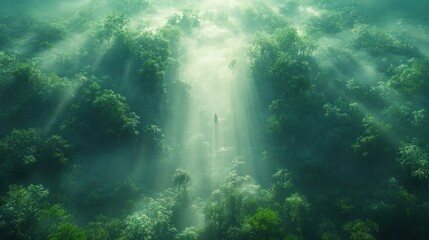 Fototapeta premium Sunlight Streaming Through a Misty Forest Canopy