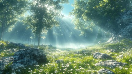 Obraz premium Sunbeams filtering through a misty forest clearing with rocks and wildflowers
