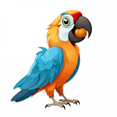 Fototapeta premium A colorful cartoon parrot happily holding a cookie in its beak on a plain background