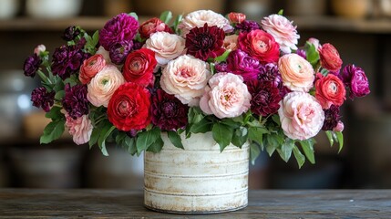 A Vibrant Bouquet of Pink, Red, and Purple Flowers in a Rustic White Pot