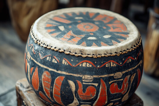 a Native American hand drum, with intricate painted designs. - Powered by Adobe