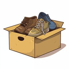 A collection of colorful cartoon shoes resting inside a cardboard box for storage or donation