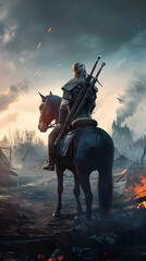 Fototapeta premium A lone warrior on horseback surveys a battle-scarred landscape at dusk.