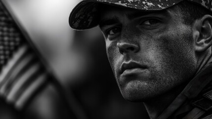 Obraz premium Determined Patriot: Veteran Soldier's Focus and Dedication