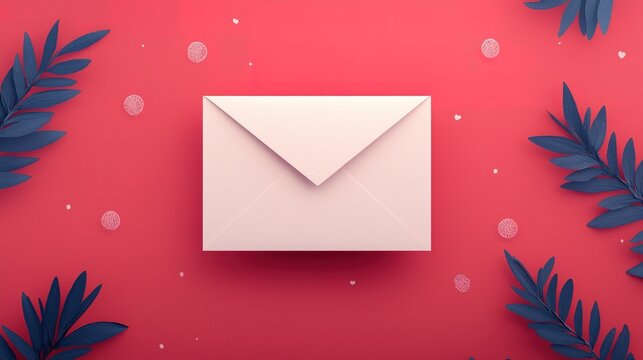 A pink envelope sits on a red background surrounded by blue leaves and white floral motifs, creating a vibrant and artistic composition.