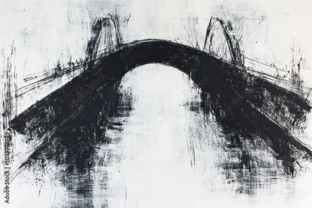 Aufkleber the artwork features a striking abstract bridge depicted with bold strokes over a tranquil body of w
