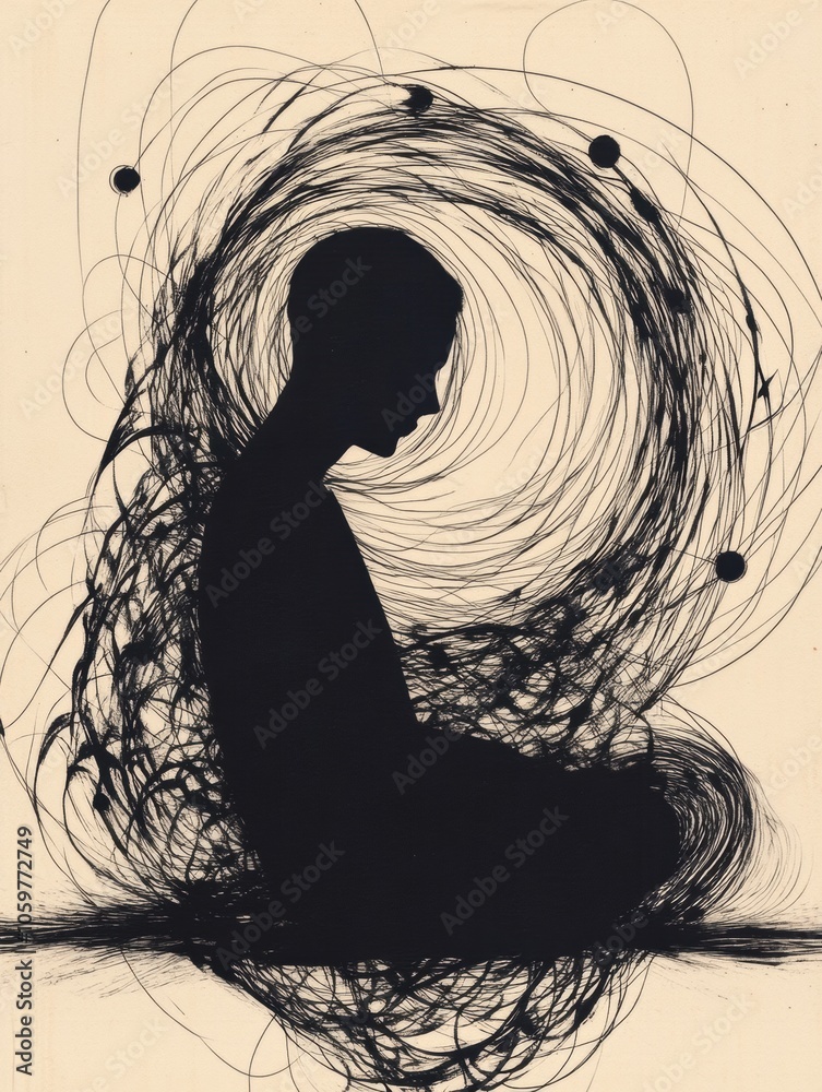 Poster a person sits in a meditative pose, surrounded by swirling abstract patterns that convey a sense of 