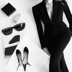 Power Dressing:  A  woman in a sleek black suit, sunglasses and high heels lays on a white background, exuding power and confidence.  Her  style is both  classic and modern.