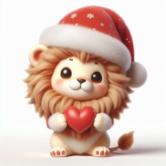 3d Cute fluffy christmas lion doing mini heart pose, full body, white background