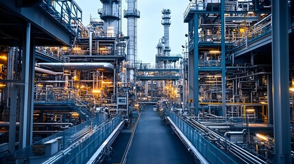 Fototapeta premium The intricate machinery of a petrochemical facility, processing hydrocarbons with precision, surrounded by safety barriers and monitoring systems.