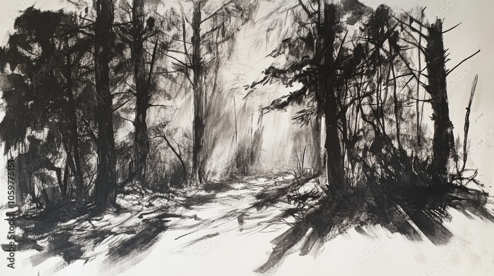 Poster a dense forest is depicted with intricate black ink sketches, highlighting detailed trees and their 