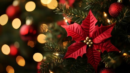 Obraz premium Red poinsettia on Christmas tree with green leaves, festive holiday decoration, winter season celebration.