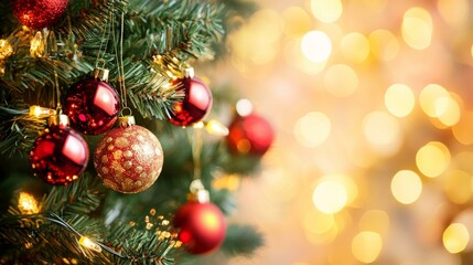 Obraz premium Close up of Christmas tree adorned with colorful ornaments, twinkling lights, and festive decorations.