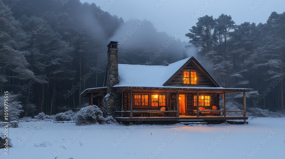 Poster A log cabin surrounded by a winter wonderland showcases a warm glow from its illuminated windows as snow blankets the landscape at twilight. Tall trees loom in the background.