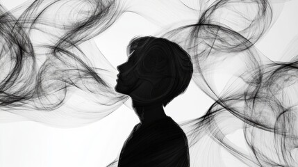 Naklejka premium A person’s silhouette stands still, enveloped in swirling abstract smoke, creating a captivating visual contrast in a serene space. Generative AI