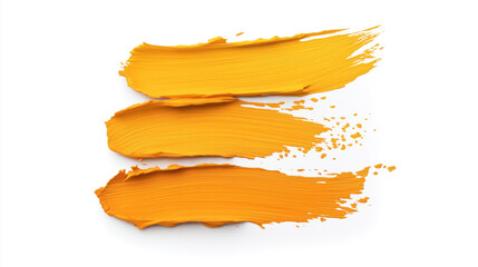 Three vivid orange paint strokes on a white background showcasing texture and vibrant color contrast.