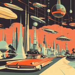 Retro Futuristic Cityscape: A red car glides through a vibrant, stylized cityscape, surrounded by flying machines, futuristic buildings, and celestial bodies.