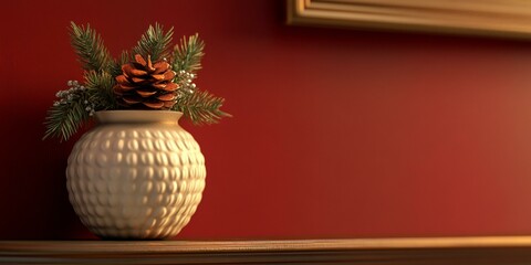 Vase holding pine cone, surrounded by several pine cones on wooden table, rustic and natural setting.