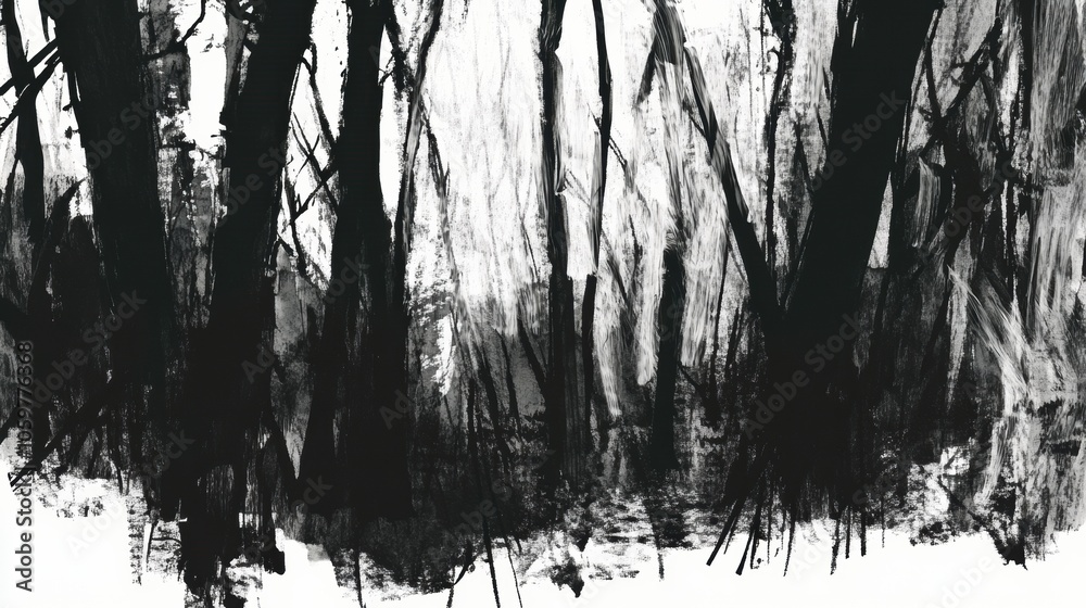 Poster a detailed black ink sketch portrays a dense forest, showcasing intricate tree designs and deep shad