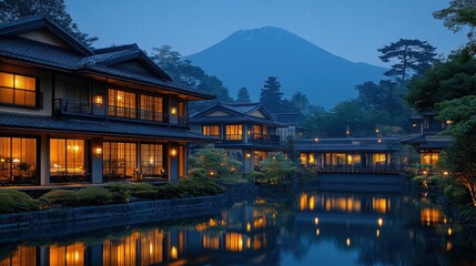 Obraz premium Traditional Japanese Houses with Mount Fuji in the Background at Night