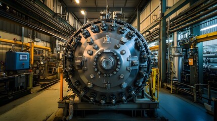 Obraz premium The rugged core of a petrochemical machine handling high-pressure gases in a sealed industrial environment.