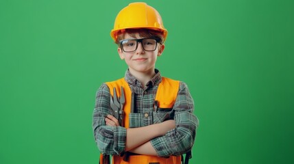 An engaged learner posing with tools of their trade on a vibrant green background.