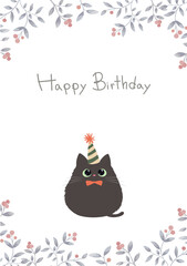 Obraz premium Birthday card design of cute black kitten wearing a party hat with Happy Birthday font. Cat in flat style vector illustration. Red berry botanical frame.