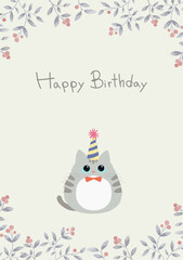Birthday card  design of cute gray kitten wearing a party hat with Happy Birthday font. Cat in flat style vector illustration. Red berry botanical frame with blue green background.