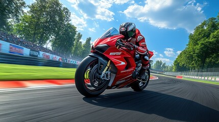 A motorcycle racer leans into a turn on a racetrack.