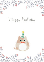 Obraz premium Birthday card design of cute brown kitten wearing a party hat with Happy Birthday font. Cat in flat style vector illustration. Red berry botanical frame .