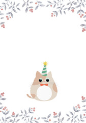 Obraz premium Card design of cute brown kitten wearing a party hat. Cat in flat style vector illustration. Red berry botanical frame. Blank and text space. 