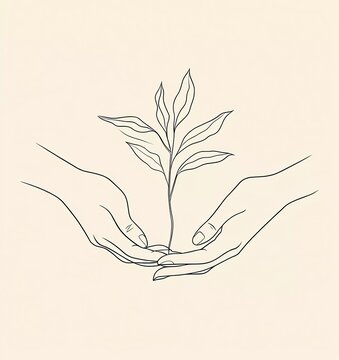 hands holding plant line art