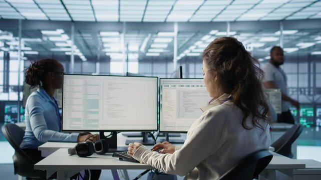 Smiling manager in server hub using computer to find firewall misconfigurations affecting rackmounts performance. Upbeat supervisor checking systems bottlenecks affecting data transfer rates, camera B