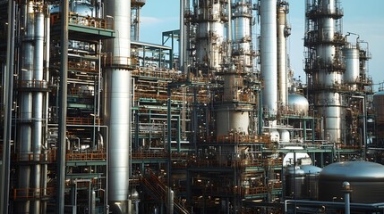 The complex machinery of a petrochemical refinery, with massive tanks, industrial pumps, and processing units working in tandem.