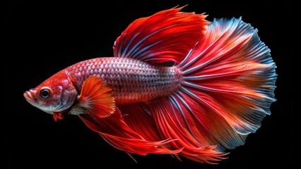 Fototapeta premium A vibrant red and blue fish with flowing fins, illuminated against a black background, displaying intricate details and captivating movement.