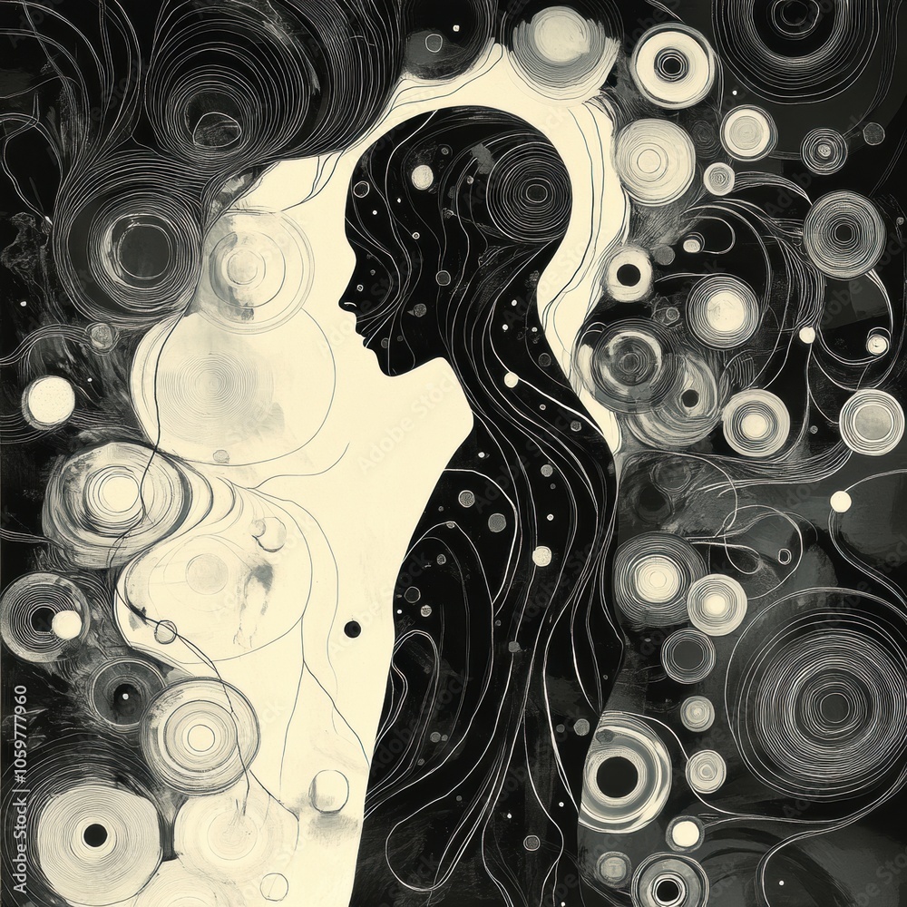 Poster a striking abstract silhouette stands amidst a swirl of circular patterns, evoking emotions of curio